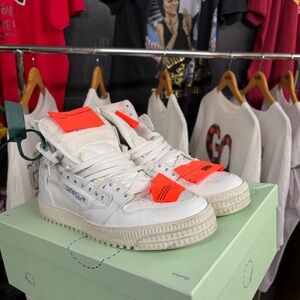 Off-White White High-Top Off Court Sneakers with Orange Tags